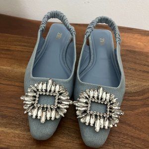 Zara Denim Crystal Slingback Mules
